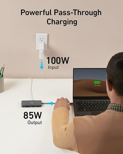 Hub USB-C Anker 555, 2 x USB-A 3.2 - 2 x USB-C - 1 x HDMI - 1 x RJ45 - 1 x SD - 1 x microSD, Grå A83830A2