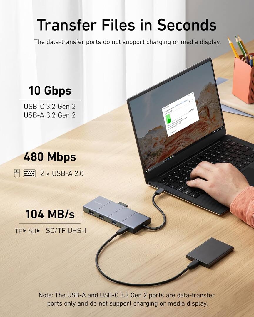 USB-C-hub Anker PowerExpand, 1 x USB-A 3.2 - 2 x USB-A - 2 x USB-C - 1 x DisplayPort - 1 x HDMI - 1 x 3,5 mm jack - 1 x RJ45 - 1 x SD - 1 x microSD, Grå