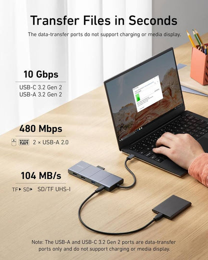 USB-C-hub Anker PowerExpand, 1 x USB-A 3.2 - 2 x USB-A - 2 x USB-C - 1 x DisplayPort - 1 x HDMI - 1 x 3,5 mm jack - 1 x RJ45 - 1 x SD - 1 x microSD, Grå