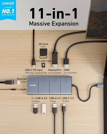 USB-C-hub Anker PowerExpand, 1 x USB-A 3.2 - 2 x USB-A - 2 x USB-C - 1 x DisplayPort - 1 x HDMI - 1 x 3,5 mm jack - 1 x RJ45 - 1 x SD - 1 x microSD, Grå