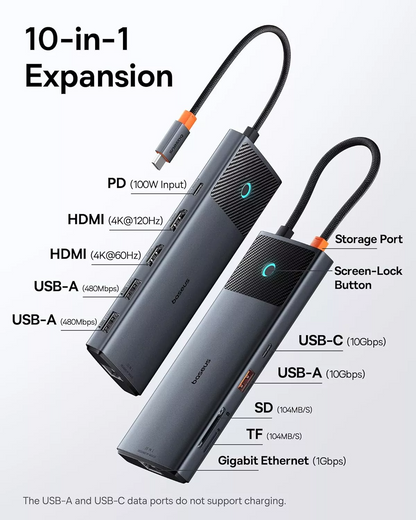 Hub USB-C Baseus Dual Display, 1 x USB-A 3.0 - 2 x USB-A - 2 x USB-C - 2 x HDMI - 1 x RJ45 - 1 x SD - 1 x microSD, Svart B00061800123-01