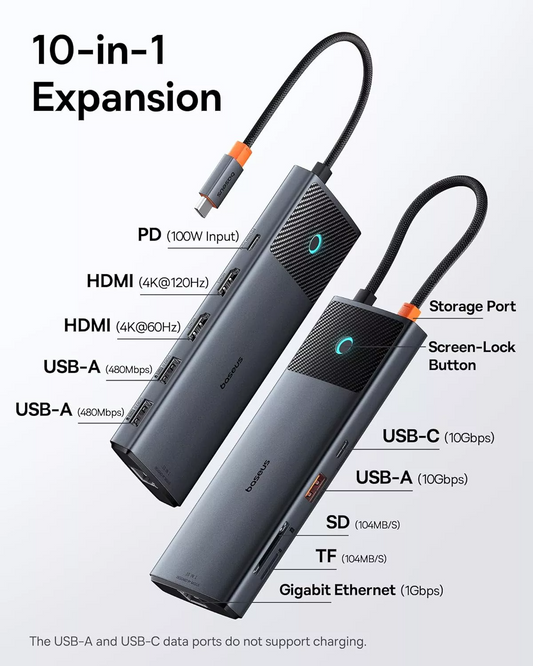 Hub USB-C Baseus Dual Display, 1 x USB-A 3.0 - 2 x USB-A - 2 x USB-C - 2 x HDMI - 1 x RJ45 - 1 x SD - 1 x microSD, Svart B00061800123-01