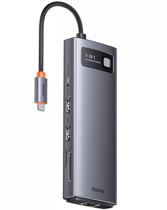 USB-C-hub Baseus Joystar, 2 x USB-A 3.2 - 1 x USB-A - 1 x USB-C - 2 x HDMI - 1 x RJ45 - 1 x SD - 1 x microSD, Grå WKWG060013