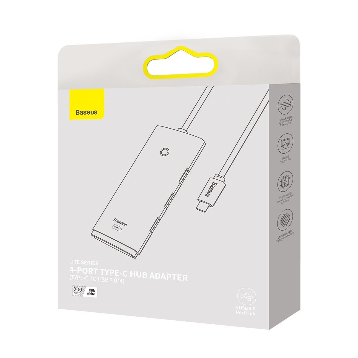 USB-C Hub fra Baseus Lite, 4 x USB-A 3.2, 2m, Hvit