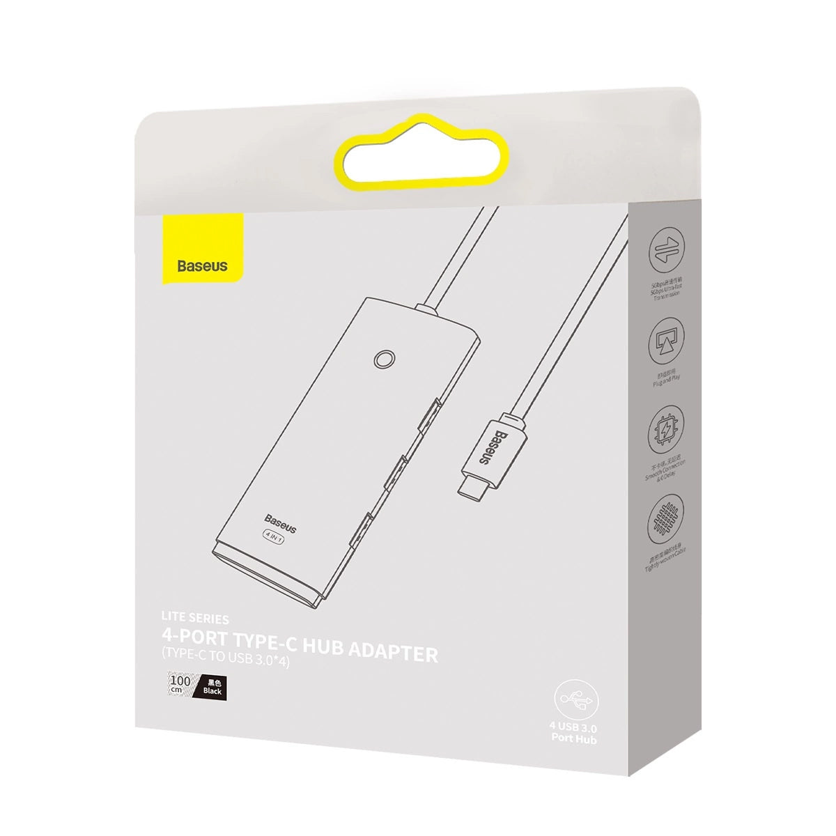 Baseus Lite USB-C-nav, 4 x USB-A 3.0 - 1 x USB-C, 1 m, svart WKQXX030401 