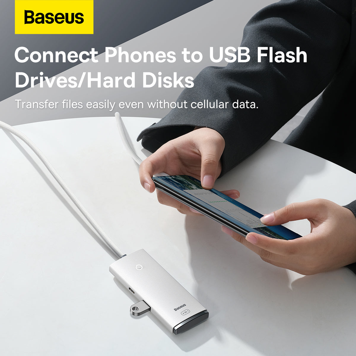 USB-C Hub fra Baseus Lite, 4 x USB-A 3.2, 2m, Hvit