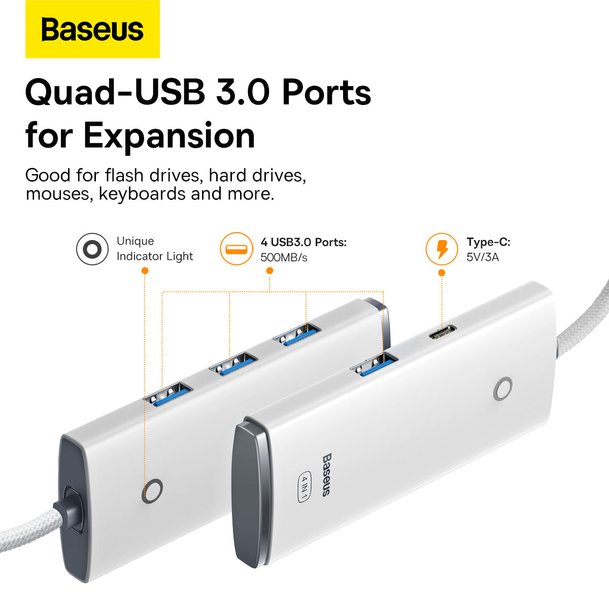 USB-C Hub fra Baseus Lite, 4 x USB-A 3.2, 2m, Hvit