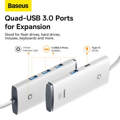USB-C Hub fra Baseus Lite, 4 x USB-A 3.2, 2m, Hvit