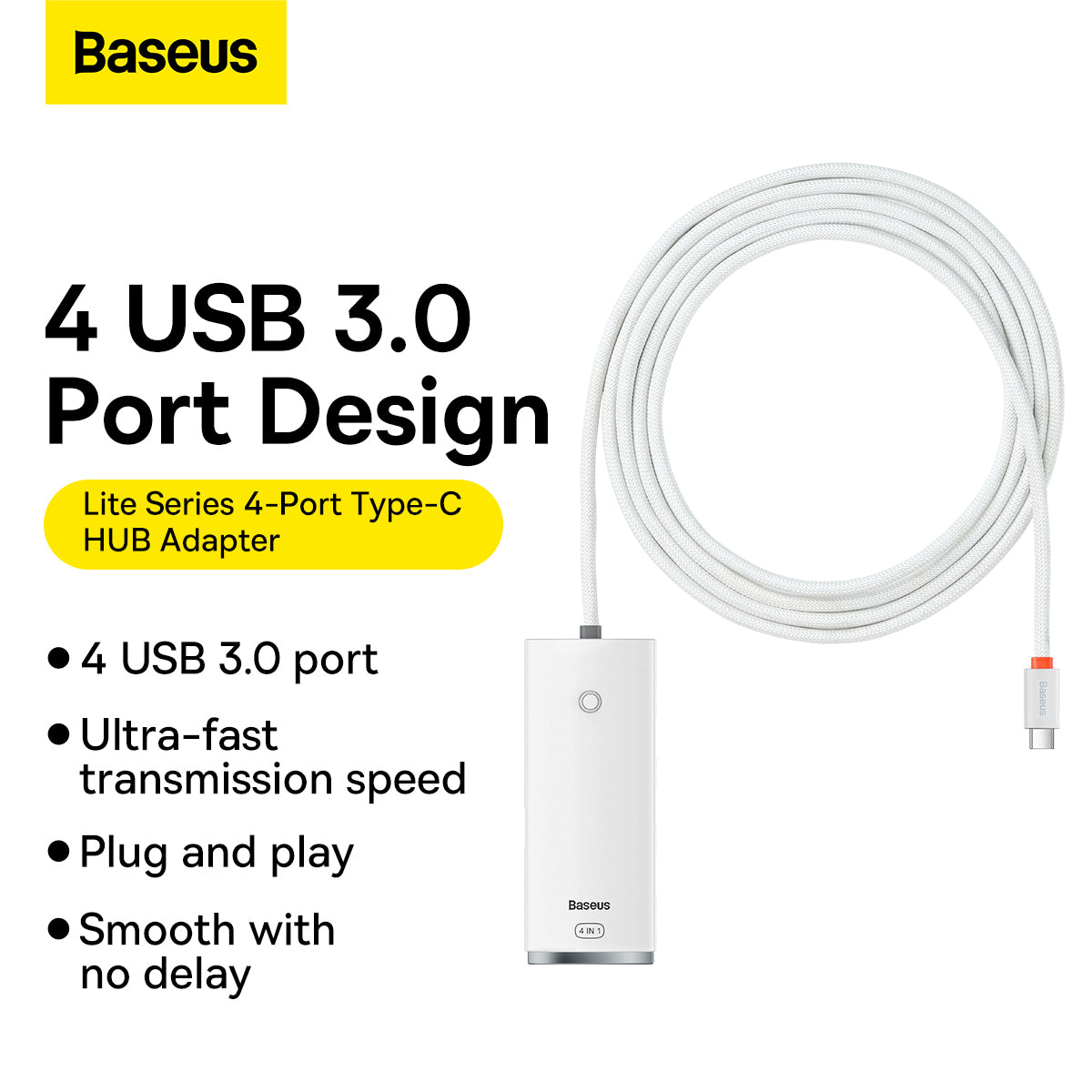 USB-C Hub fra Baseus Lite, 4 x USB-A 3.2, 2m, Hvit