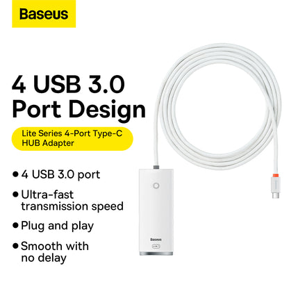 USB-C Hub fra Baseus Lite, 4 x USB-A 3.2, 2m, Hvit