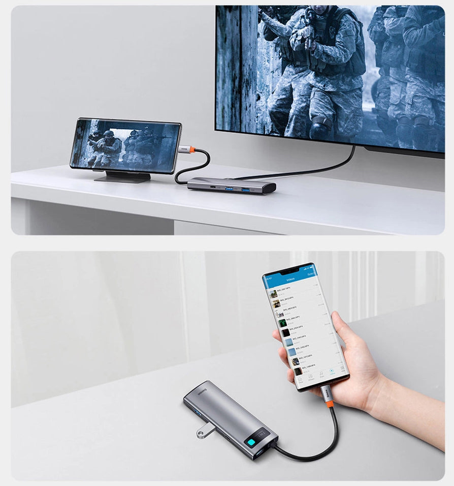 Hub USB-C Baseus Metal Gleam, 2 x USB-A 3.0 - 2 x USB-C - 1 x HDMI - 1 x SD - 1 x microSD, Grå WKWG020113