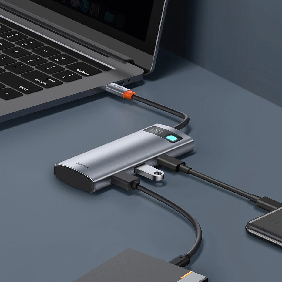 Hub USB-C Baseus Metal Gleam, 2 x USB-A 3.0 - 2 x USB-C - 1 x HDMI - 1 x SD - 1 x microSD, Grå WKWG020113