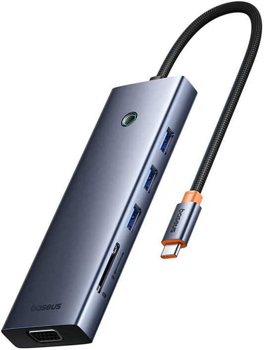 USB-C-hub Baseus UltraJoy, 3 x USB-A 3.0 - 1 x USB-C - 1 x HDMI - 1 x VGA - 1 x 3,5 mm jack - 1 x RJ45 - 1 x SD - 1 x microSD, Grå B0005280C811-00
