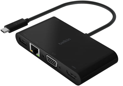 Belkin Connect USB-C-hub, 1 x USB-A 3.0 - 1 x USB-C - 1 x HDMI - 1 x VGA - 1 x RJ45, Svart AVC004btBK