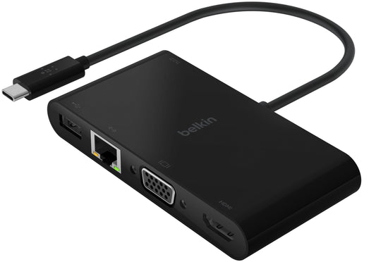 Belkin Connect USB-C-hub, 1 x USB-A 3.0 - 1 x USB-C - 1 x HDMI - 1 x VGA - 1 x RJ45, Svart AVC004btBK