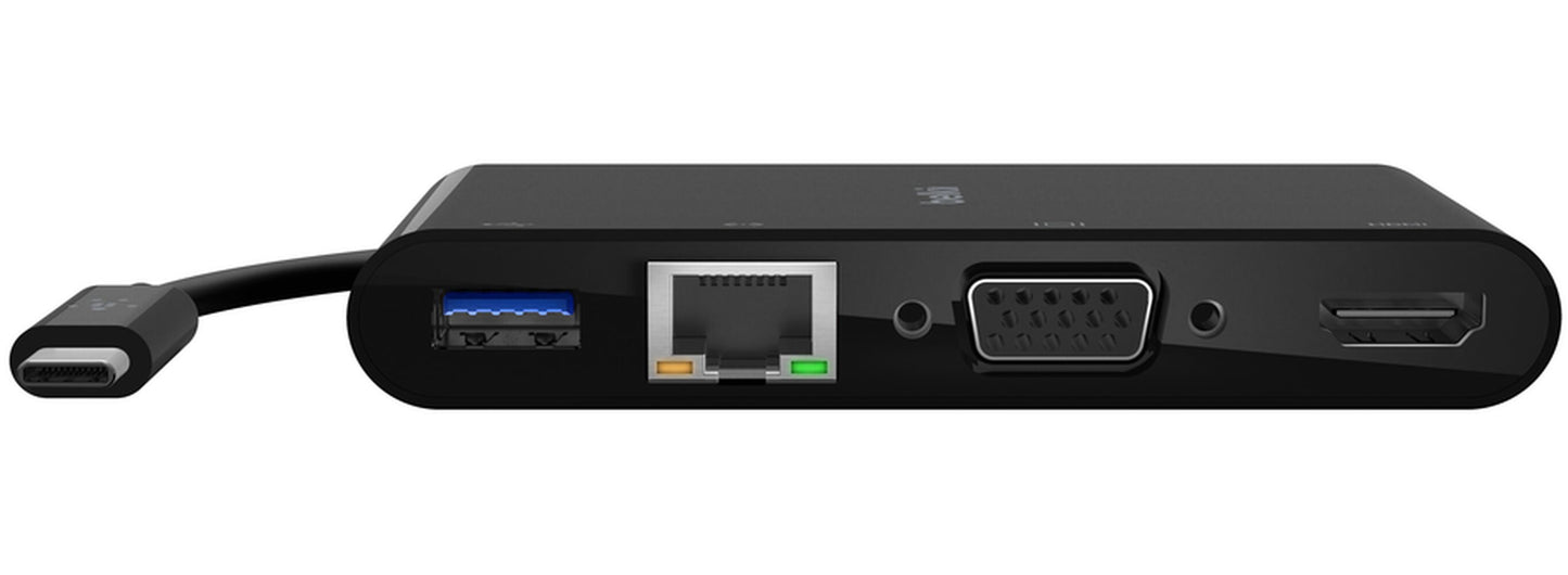Belkin Connect USB-C-hub, 1 x USB-A 3.0 - 1 x USB-C - 1 x HDMI - 1 x VGA - 1 x RJ45, Svart AVC004btBK