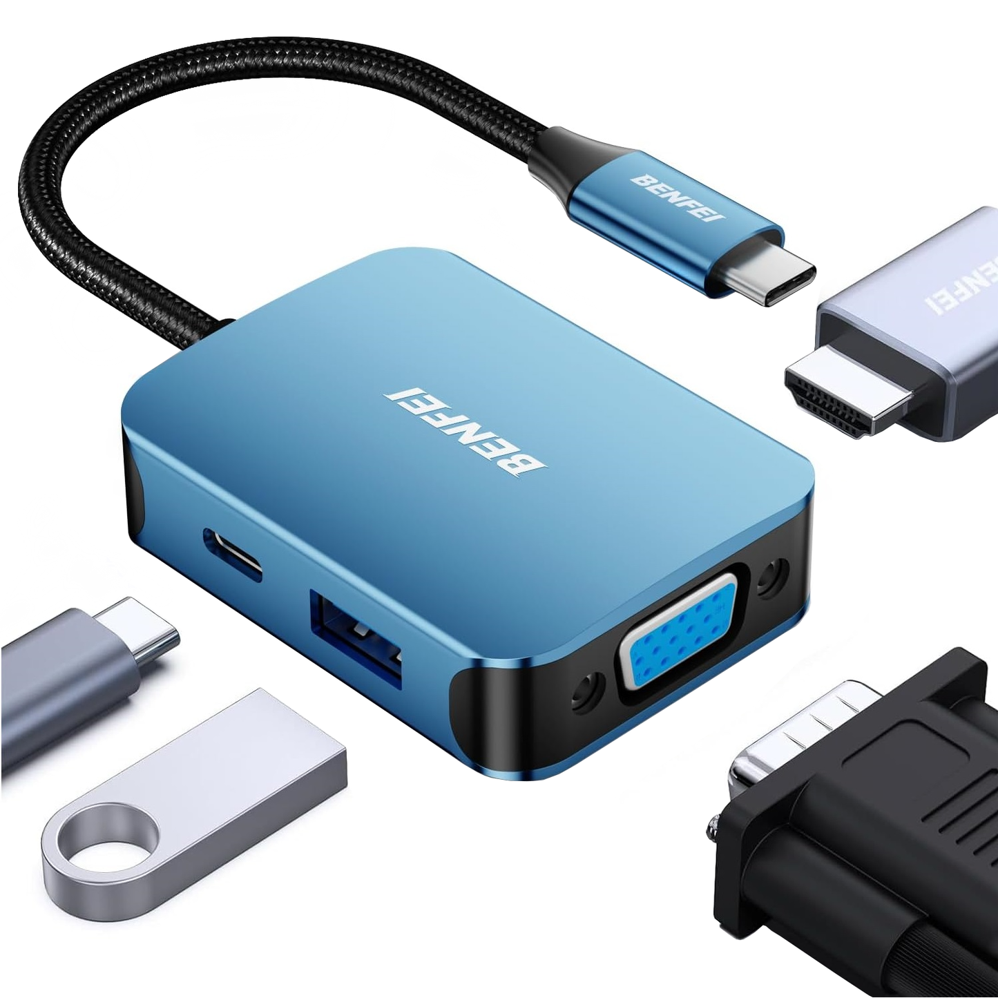 Benfei USB-C-hub, 1 x USB-A 3.0 - 1 x USB-C - 1 x HDMI - 1 x VGA, Blå