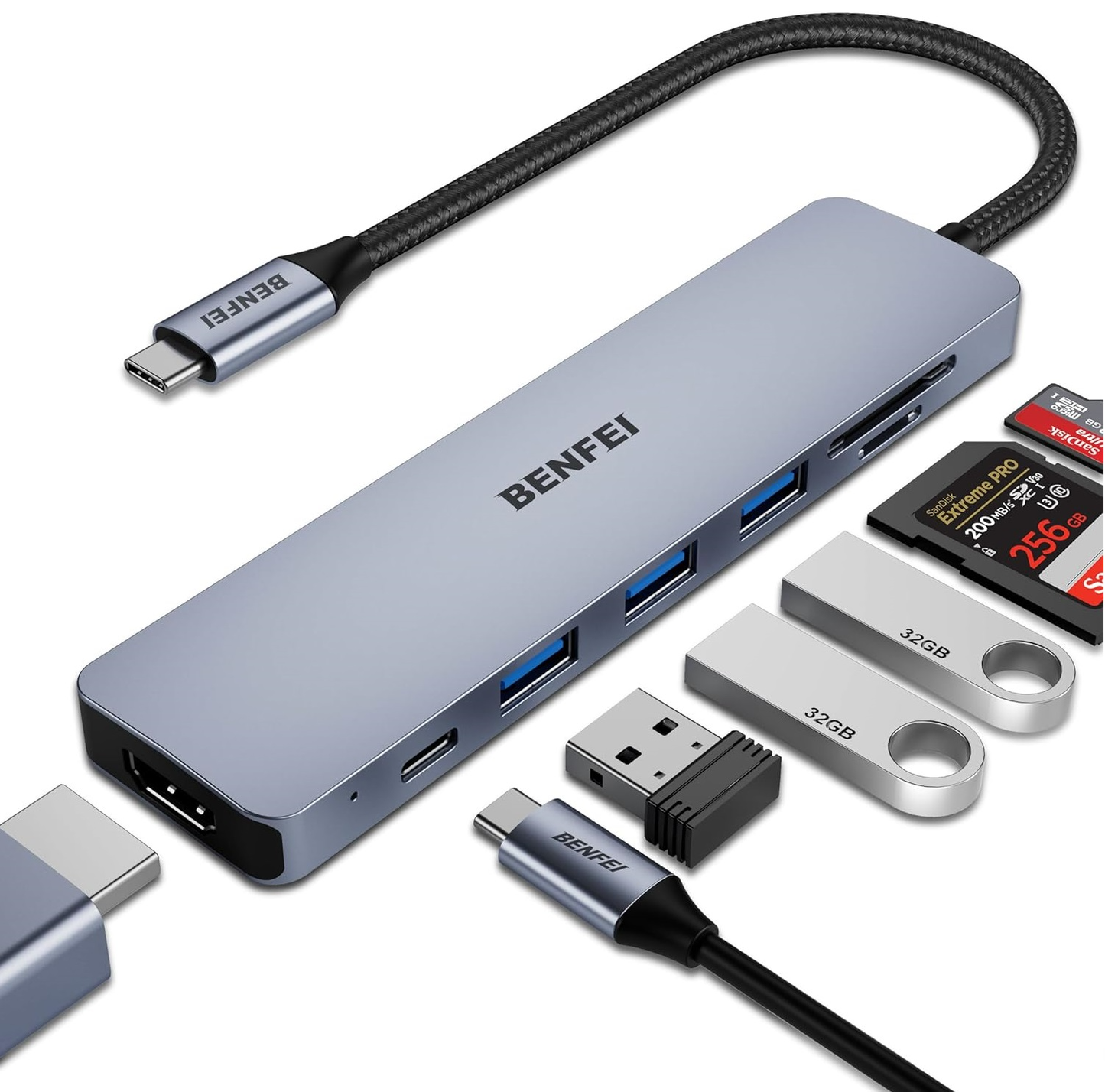 Benfei USB-C-hub, 3 x USB-A 3.0 - 1 x USB-C - 1 x HDMI - 1 x SD - 1 x microSD, Grå