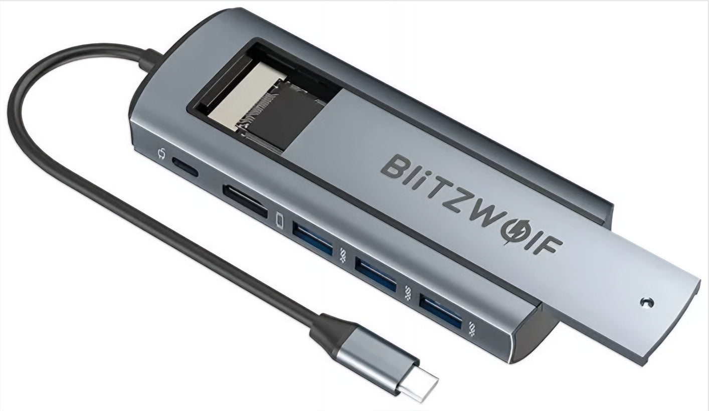 Hub USB-C BlitzWolf BW-Neo TH13, 3 x USB-A 3.0 - 1 x USB-C - 1 x Display Port - 1 x SSD-grensesnitt, Grå