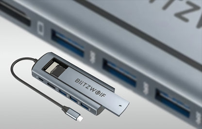 Hub USB-C BlitzWolf BW-Neo TH13, 3 x USB-A 3.0 - 1 x USB-C - 1 x Display Port - 1 x SSD-grensesnitt, Grå