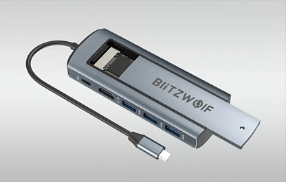 Hub USB-C BlitzWolf BW-Neo TH13, 3 x USB-A 3.0 - 1 x USB-C - 1 x Display Port - 1 x SSD-grensesnitt, Grå