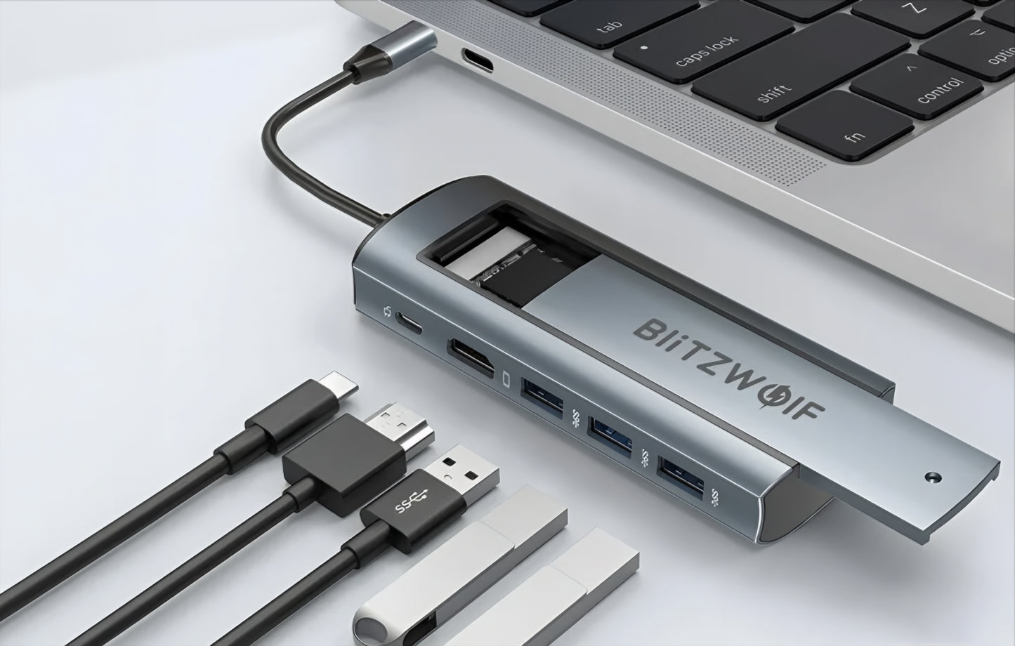 Hub USB-C BlitzWolf BW-Neo TH13, 3 x USB-A 3.0 - 1 x USB-C - 1 x Display Port - 1 x SSD-grensesnitt, Grå