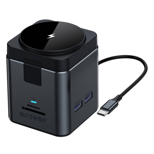 USB-C-hub med trådløs QI-lading BlitzWolf BW-TH17, 9i1, svart