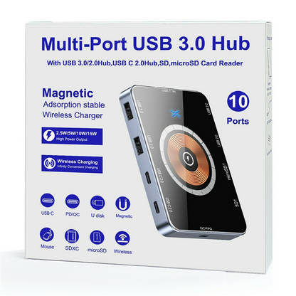 USB-C-hub med trådløs QI-lading OEM YC7209, 10i1, grå