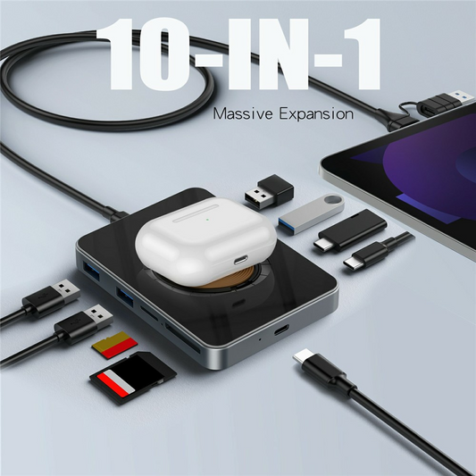 USB-C-hub med trådløs QI-lading OEM YC7209, 10i1, grå