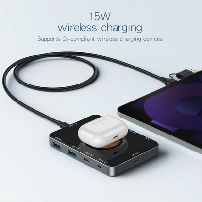 USB-C-hub med trådløs QI-lading OEM YC7209, 10i1, grå