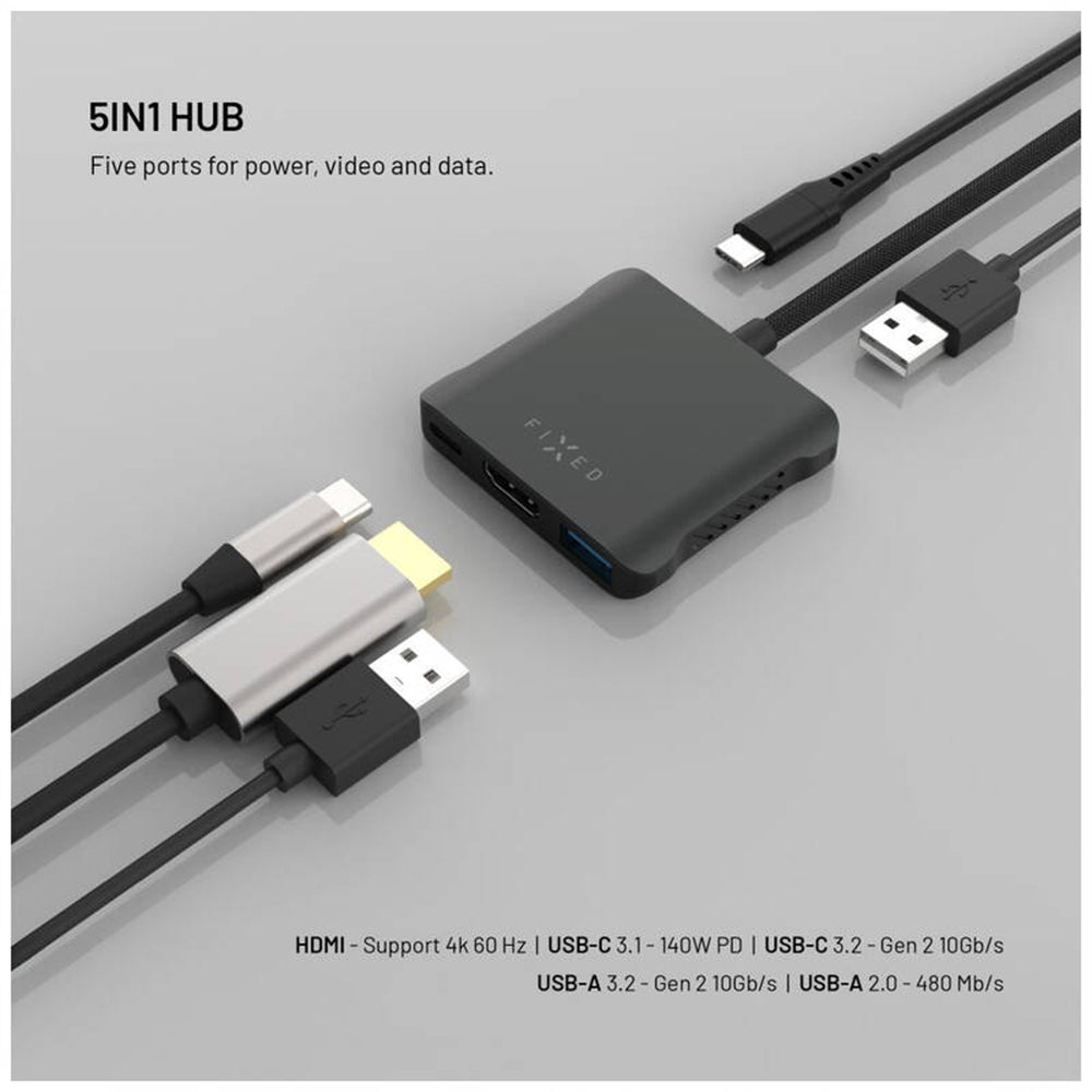 Hub USB-C Fixed Quadri, 5in1, Svart