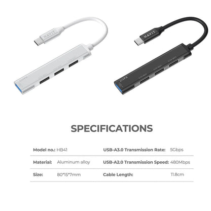 Hub USB-C HAVIT HB41, 4in1, Sølv