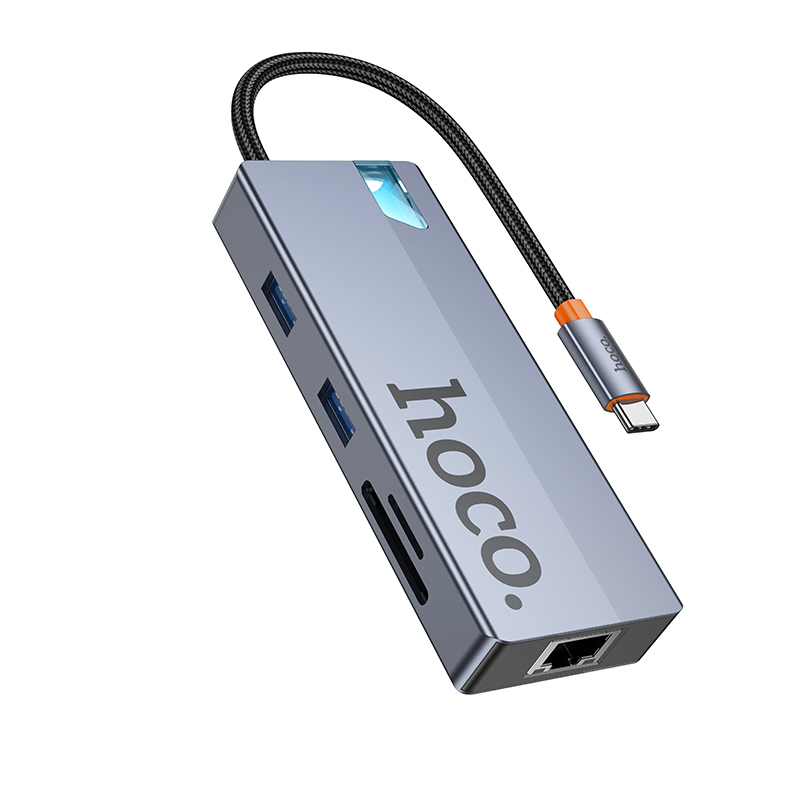 USB-C Hub HOCO HB52, 2 x USB-A 3.0 - 2 x USB-C - 1 x HDMI - 1 x RJ45 - 1 x SD - 1 x microSD, Grå