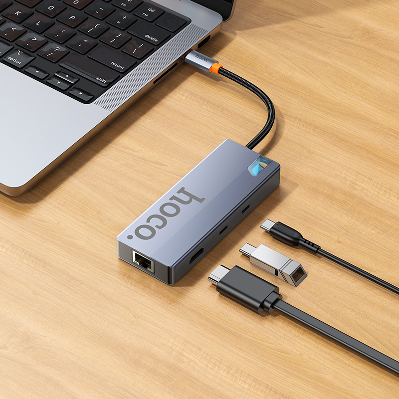 USB-C Hub HOCO HB52, 2 x USB-A 3.0 - 2 x USB-C - 1 x HDMI - 1 x RJ45 - 1 x SD - 1 x microSD, Grå