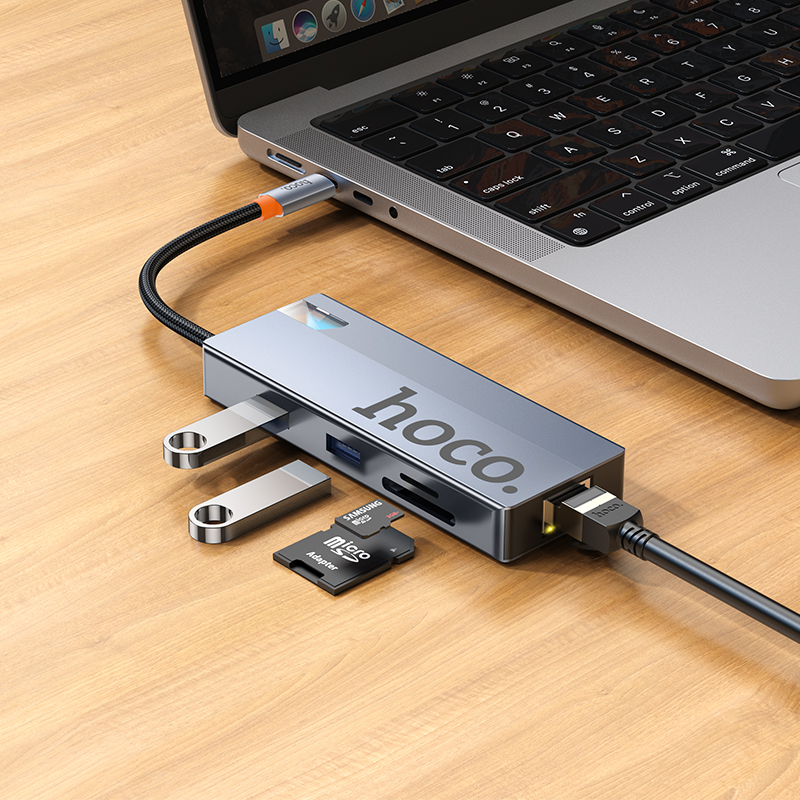 USB-C Hub HOCO HB52, 2 x USB-A 3.0 - 2 x USB-C - 1 x HDMI - 1 x RJ45 - 1 x SD - 1 x microSD, Grå