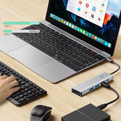 Hub USB-C Tech-Protect HB01, 1 x USB-A 3.0 - 2 x USB-A - 1 x USB-C - 1 x HDMI, Grå