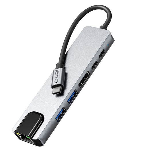 Hub USB-C Tech-Protect HB02, 1 x USB-A 3.0 - 1 x USB-A - 2 x USB-C - 1 x HDMI - 1 x RJ45, Grå