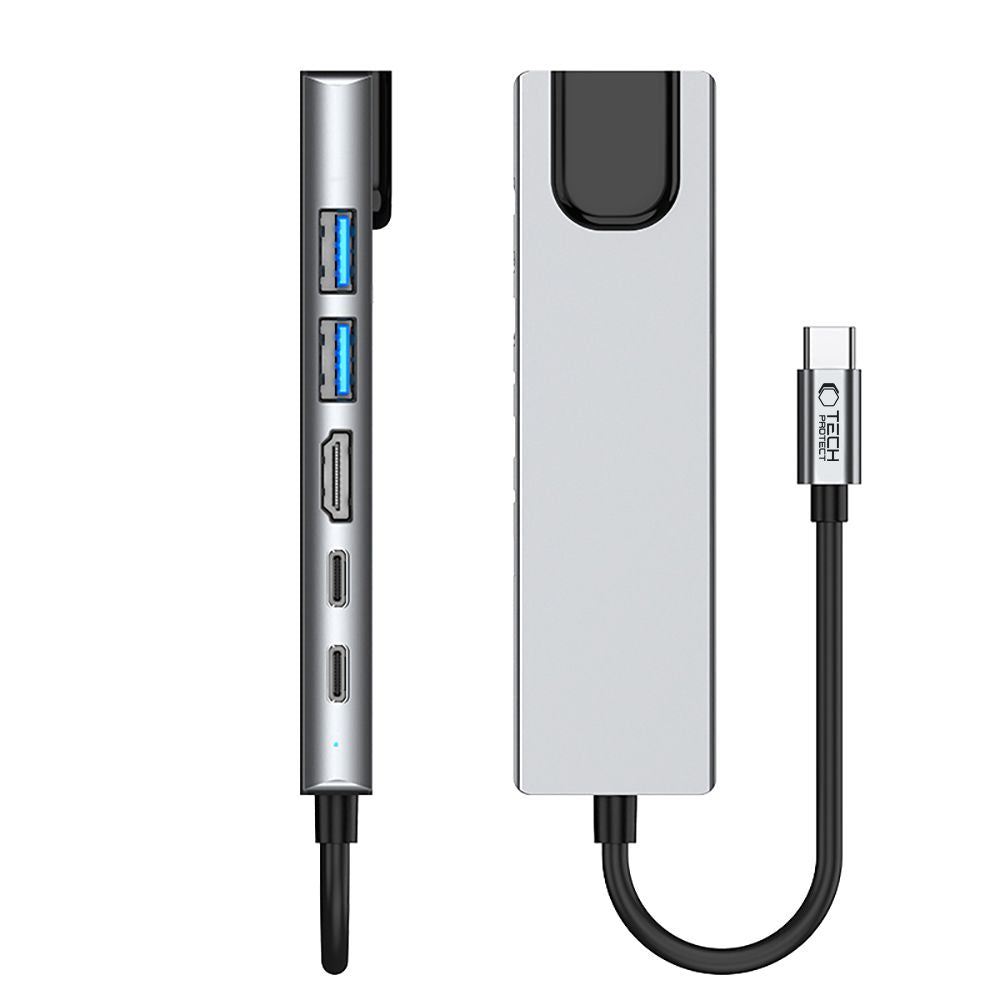 Hub USB-C Tech-Protect HB02, 1 x USB-A 3.0 - 1 x USB-A - 2 x USB-C - 1 x HDMI - 1 x RJ45, Grå