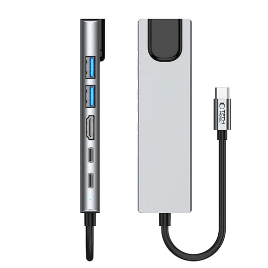 Hub USB-C Tech-Protect HB02, 1 x USB-A 3.0 - 1 x USB-A - 2 x USB-C - 1 x HDMI - 1 x RJ45, Grå