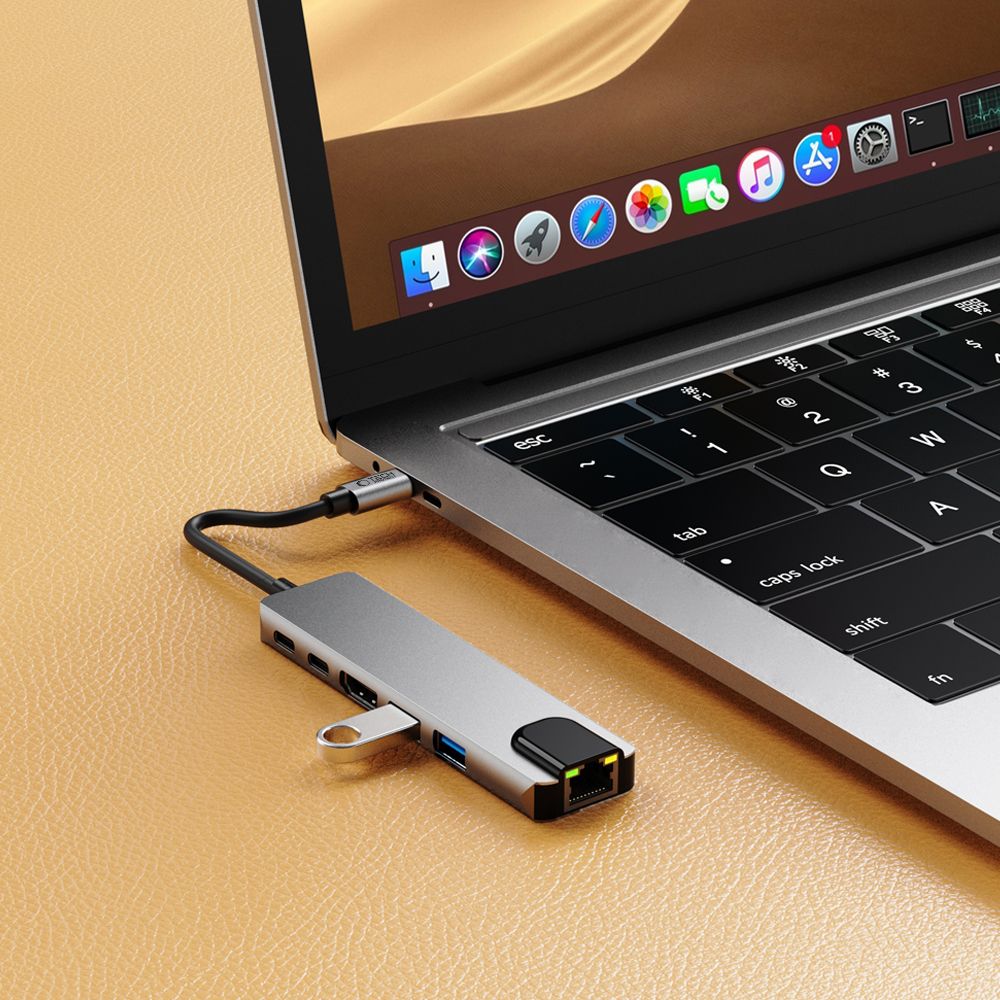 Hub USB-C Tech-Protect HB02, 1 x USB-A 3.0 - 1 x USB-A - 2 x USB-C - 1 x HDMI - 1 x RJ45, Grå