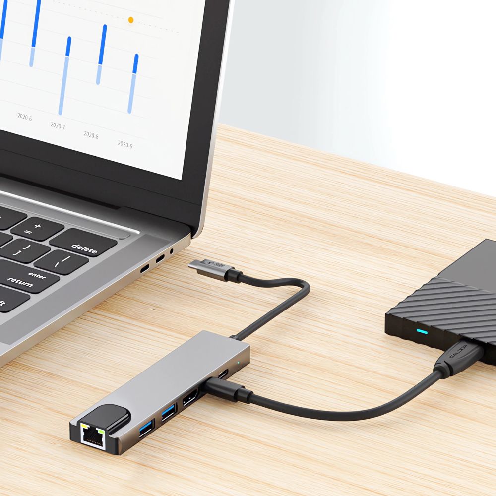 Hub USB-C Tech-Protect HB02, 1 x USB-A 3.0 - 1 x USB-A - 2 x USB-C - 1 x HDMI - 1 x RJ45, Grå