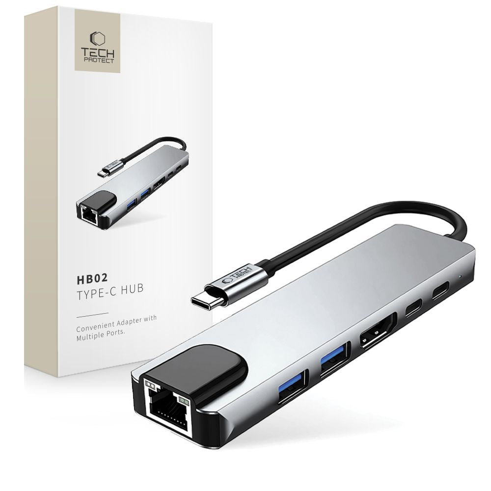 Hub USB-C Tech-Protect HB02, 1 x USB-A 3.0 - 1 x USB-A - 2 x USB-C - 1 x HDMI - 1 x RJ45, Grå