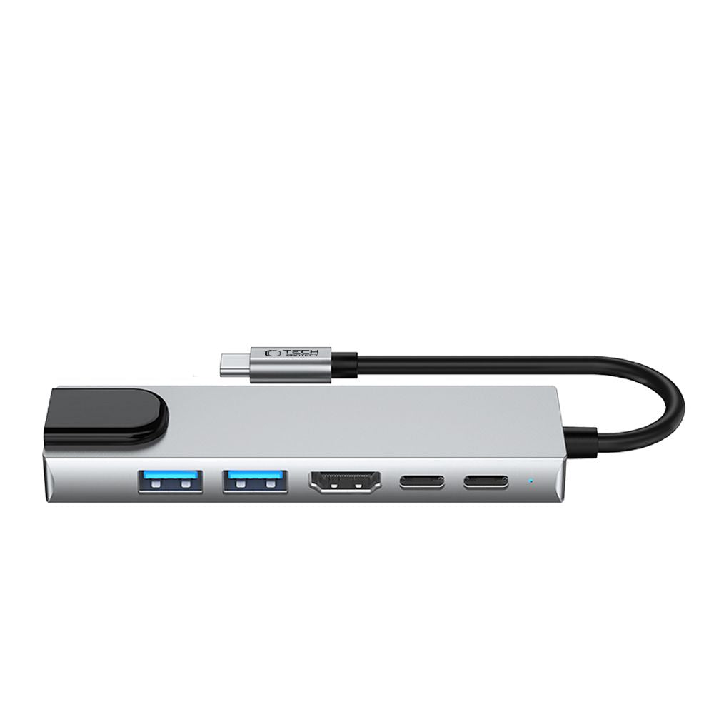 Hub USB-C Tech-Protect HB02, 1 x USB-A 3.0 - 1 x USB-A - 2 x USB-C - 1 x HDMI - 1 x RJ45, Grå