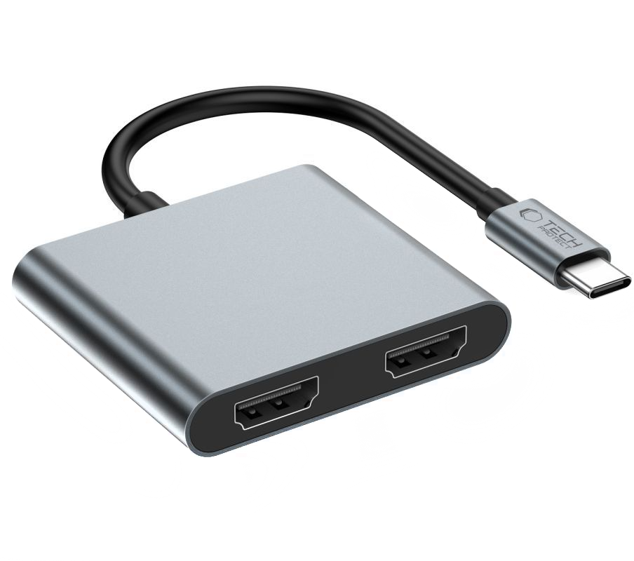 Hub USB-C Tech-Protect HB08, 1 x USB-A - 1 x USB-C - 2 x HDMI, Grå