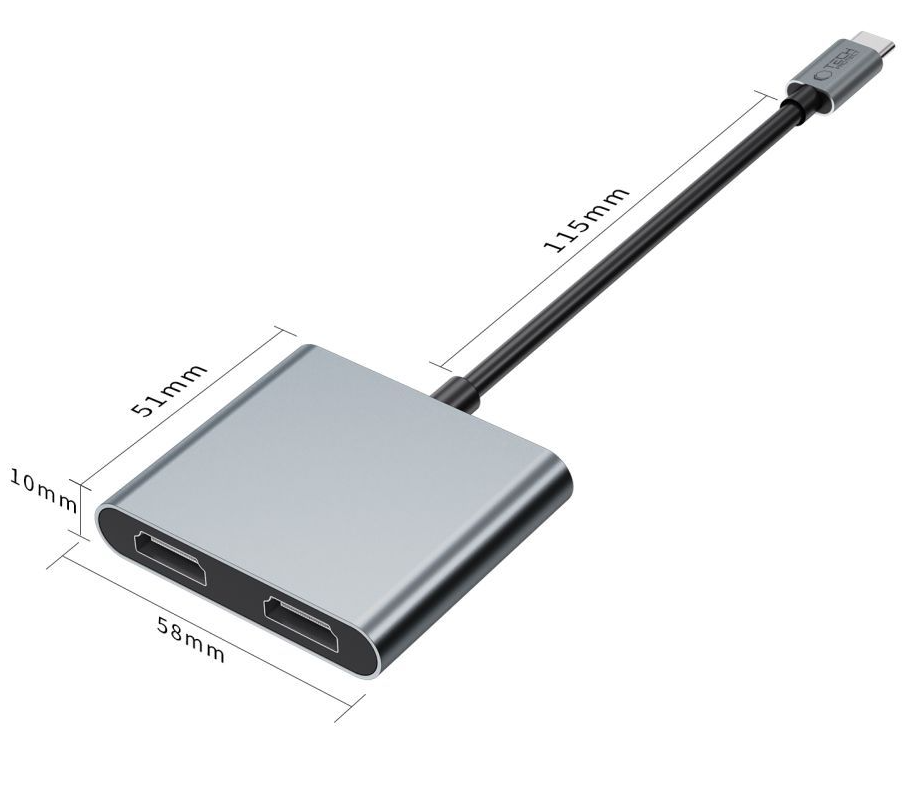 Hub USB-C Tech-Protect HB08, 1 x USB-A - 1 x USB-C - 2 x HDMI, Grå