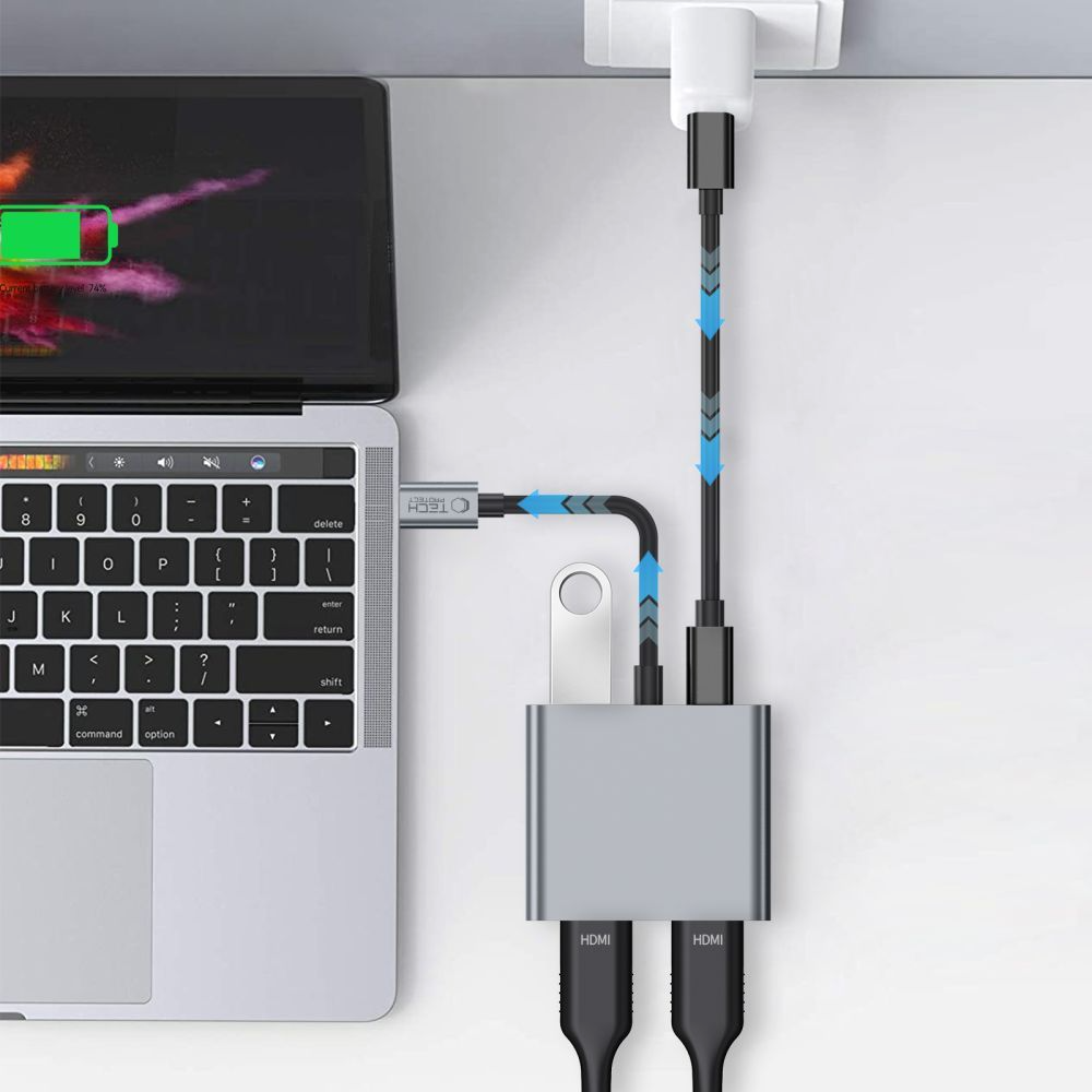 Hub USB-C Tech-Protect HB08, 1 x USB-A - 1 x USB-C - 2 x HDMI, Grå