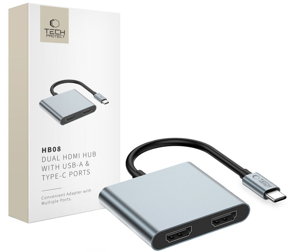 Hub USB-C Tech-Protect HB08, 1 x USB-A - 1 x USB-C - 2 x HDMI, Grå