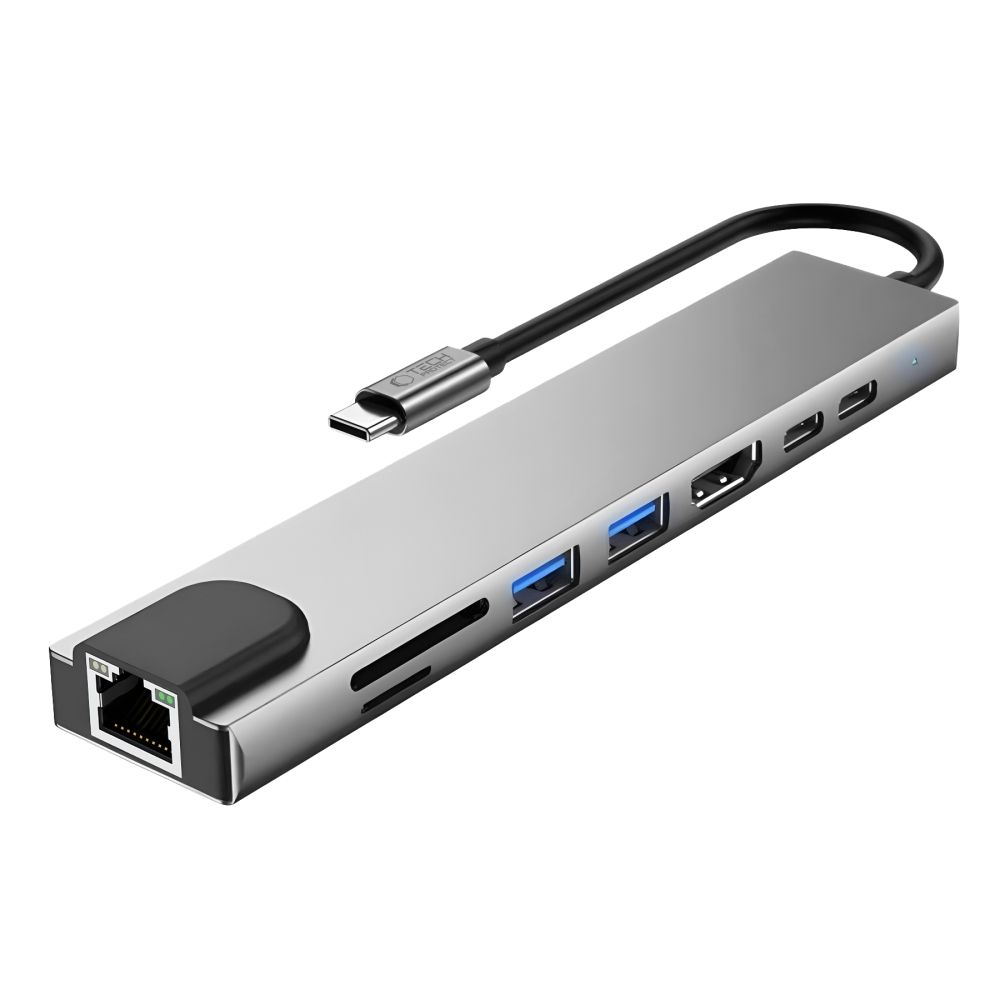 USB-C-hub Tech-Protect HB09, 2 x USB-A 3.0 - 2 x USB-C - 1 x HDMI - 1 x RJ45 - 1 x SD - 1 x microSD, Grå
