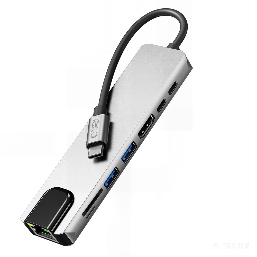 USB-C-hub Tech-Protect HB09, 2 x USB-A 3.0 - 2 x USB-C - 1 x HDMI - 1 x RJ45 - 1 x SD - 1 x microSD, Grå