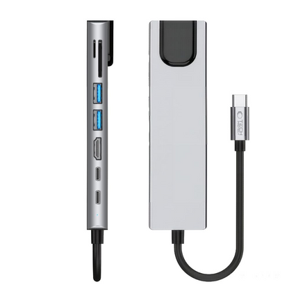 USB-C-hub Tech-Protect HB09, 2 x USB-A 3.0 - 2 x USB-C - 1 x HDMI - 1 x RJ45 - 1 x SD - 1 x microSD, Grå